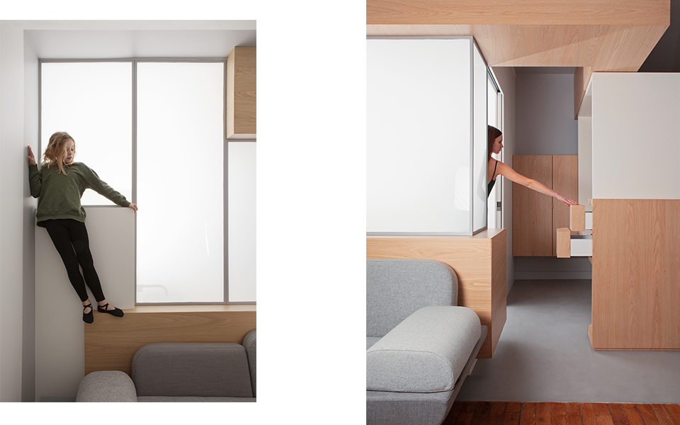 BBien naître, Paris 8 | Cabinet médical pour 3 gynécolques | salle d'attente avec accueil et kitchenette derrière une cloison vitrée industrielle