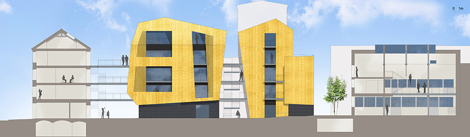 coupe façade longitudinale, continuité de circulation basses rue porche cour et cour intérieure et haute par les coursives